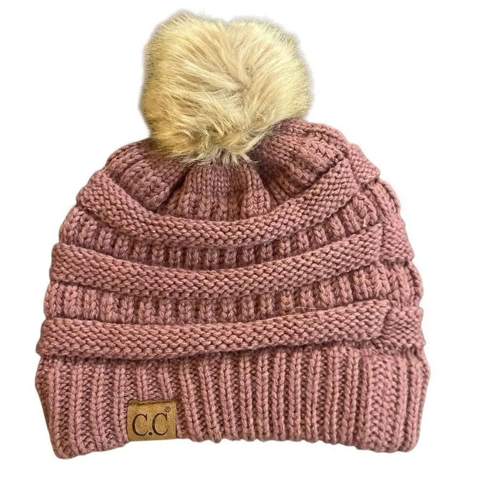 C.C pink winter, hat, faux fur pom-pom pink knitted